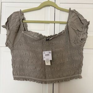 American Eagle Outfitters Tan/gray Smocked Crop Blouse
